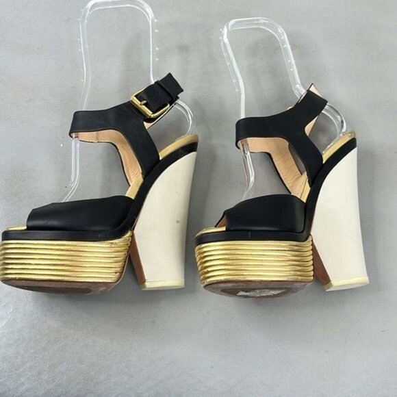 Giuseppe Zanotti Gold Black Leather Peep Toe Platform Sandals Pumps - Picture 5 of 11